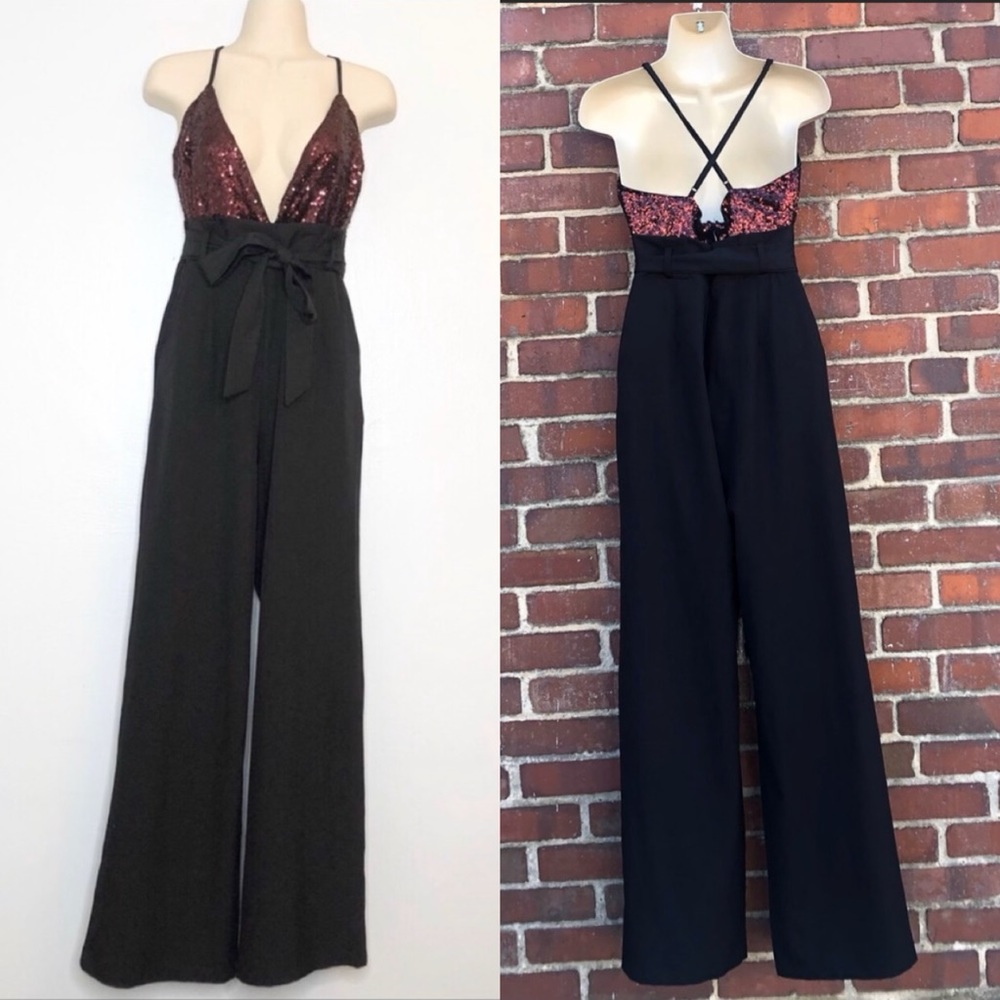 Shop 17 maroon sequin plunge high waist jumpsuit S